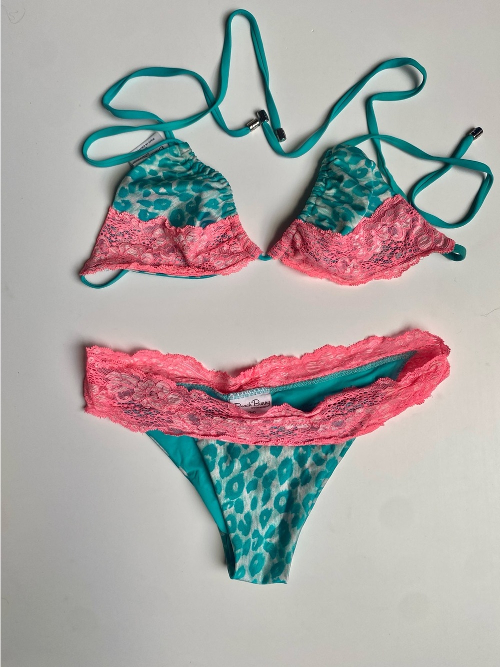 Beach Bunny Turquoise & Pink Lace Triangle Bikini Set  M⬇️ - L⬆️